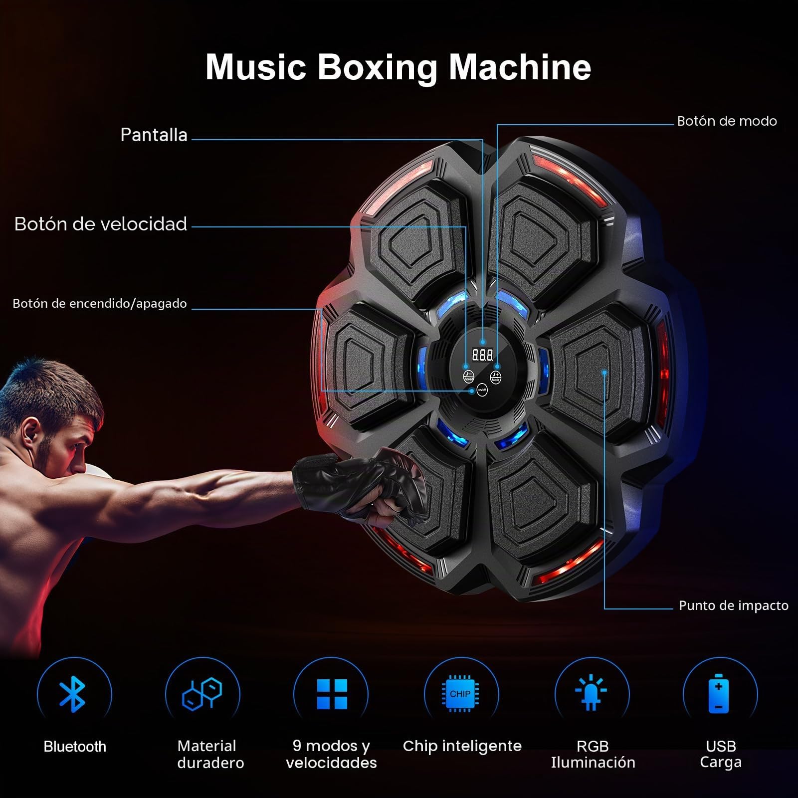 FOOING Máquina de Boxeo Musical Inteligente con Bluetooth, Luces LED y Niveles de Velocidad para Adultos y Niños, Equipo de Entrenamiento para Aliviar el Estrés con Guantes de Boxeo y Práctica Casa