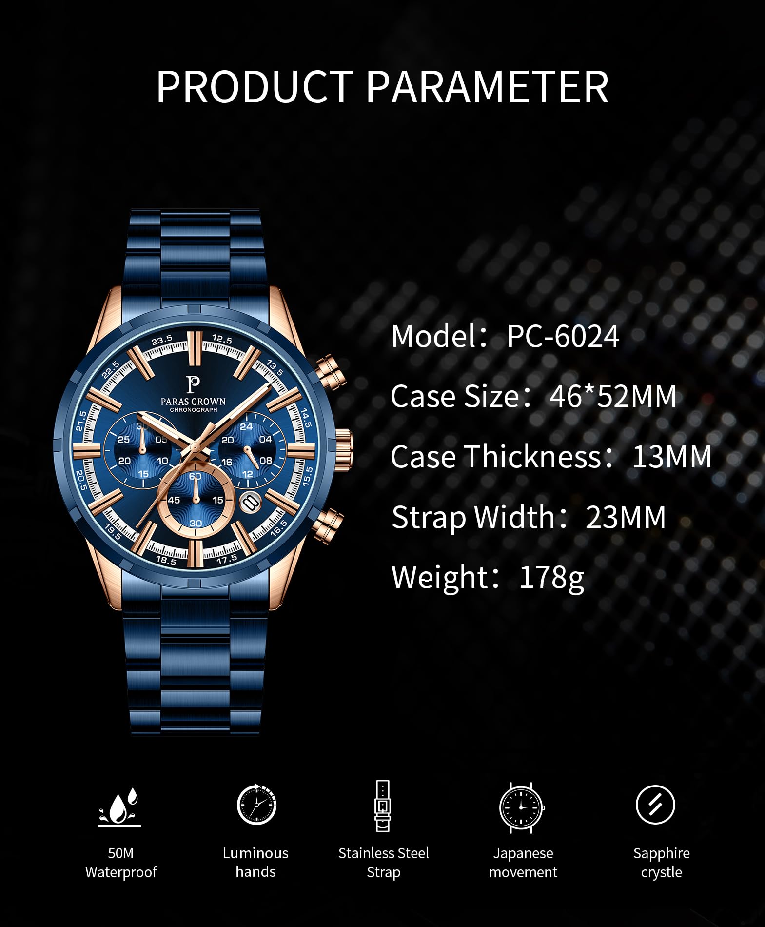 PC PARAS CROWN Orologio Uomo con Movimento al Quarzo Giapponese Cronografo Resistente all'Acqua 5 ATM Cassa in Acciaio Classico Elegante Orologio Cinturino in Silicone