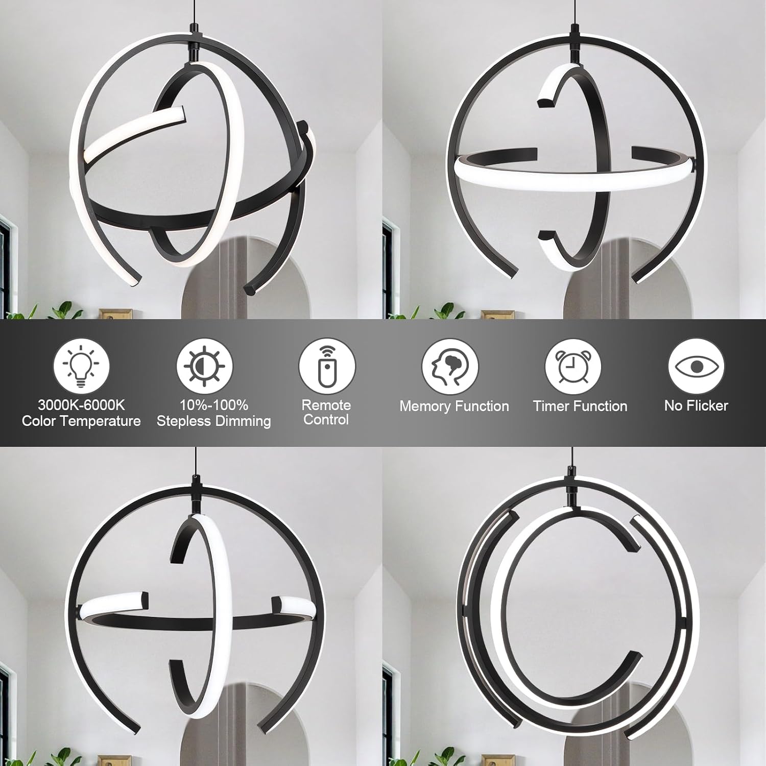 Black Modern LED Chandeliers, Dimmable Globe Pendant Lights Fixture, 13" Metal Adjustable Hanging Lamps are Suitable for Kitchen lsland, Dining Room Bedroom Foyer Hallway Stairway