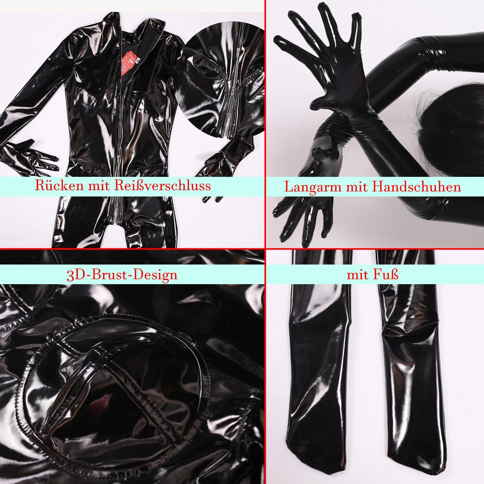 Damen Wetlook PVC Leder Overall Bodysuit Glänzend Catsuit Ganzkörperanzug mit Handschuhen