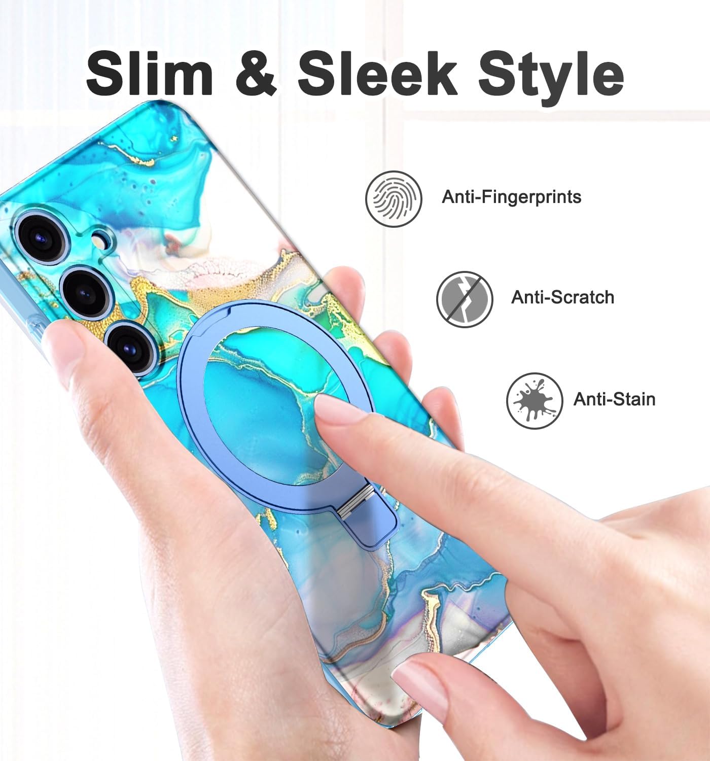 Magnetic for Samsung Galaxy S25 Case with Invisible Ring Stand [Compatible with MagSafe], Full Body Rugged Slim Women Men Girl Shockproof Marble Pattern Design Case,Light Blue