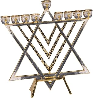 Gift Mark Decorative Menorah with Brass Modern Star of David - Gray