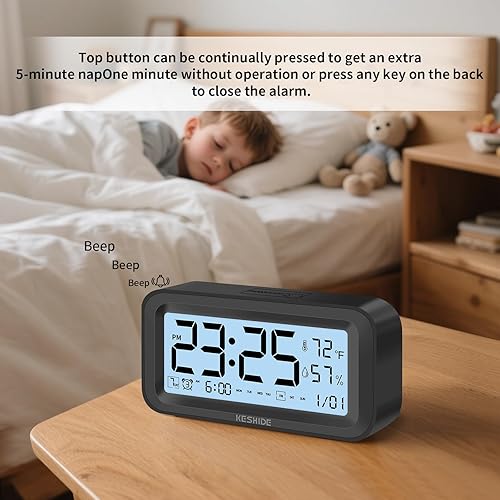 Miniatura 3 de Reloj despertador digital con luz nocturna, funciona con pilas, con temperatura interior y humedad, reloj pequeño de escritorio, modelo con función