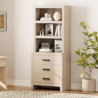 WAMPAT 3 Tier Bookshelf with 3 Large Drawer, 74" Tall Modular Bookshelf with Wide Metal Handles, Farmhouse Bookcase Organizer for Living Room, Office, Library, Beige