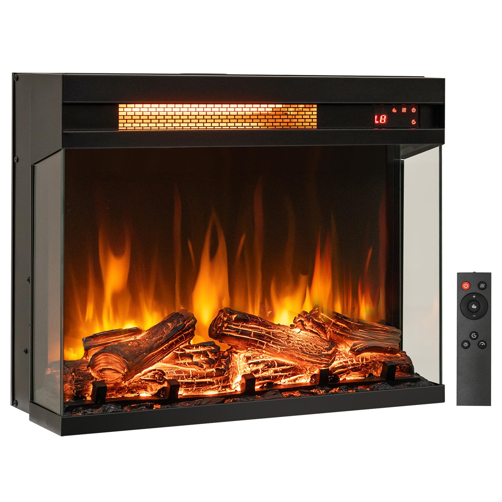 RELAX4LIFE 23’’ 3-Sided Glass Electric Fireplace - 1500W Fireplace Heater w/8 Flame, Adjustable Brightness, 9H Timer, Remote Control, Overheat Protection, Recessed Electric Fireplace Inserts (23-inch)