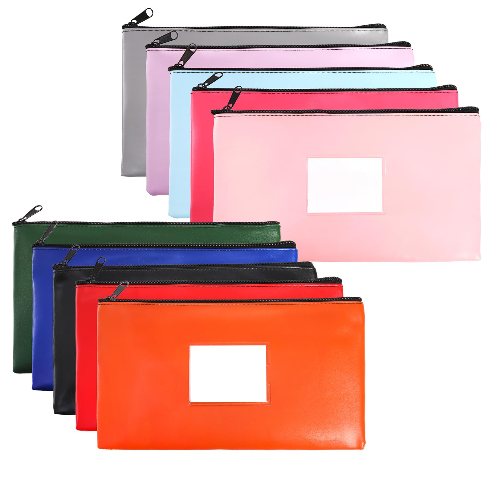10 Pack Money Bags with Zipper, Leather Bank Deposit Bags 11.2 x 6.3 Inch, 10 Colors Cash Wallet Pouches with Label for Coins, Invoice, Bills, Checks, Cosmetics, Toiletry, Stationery, Tools