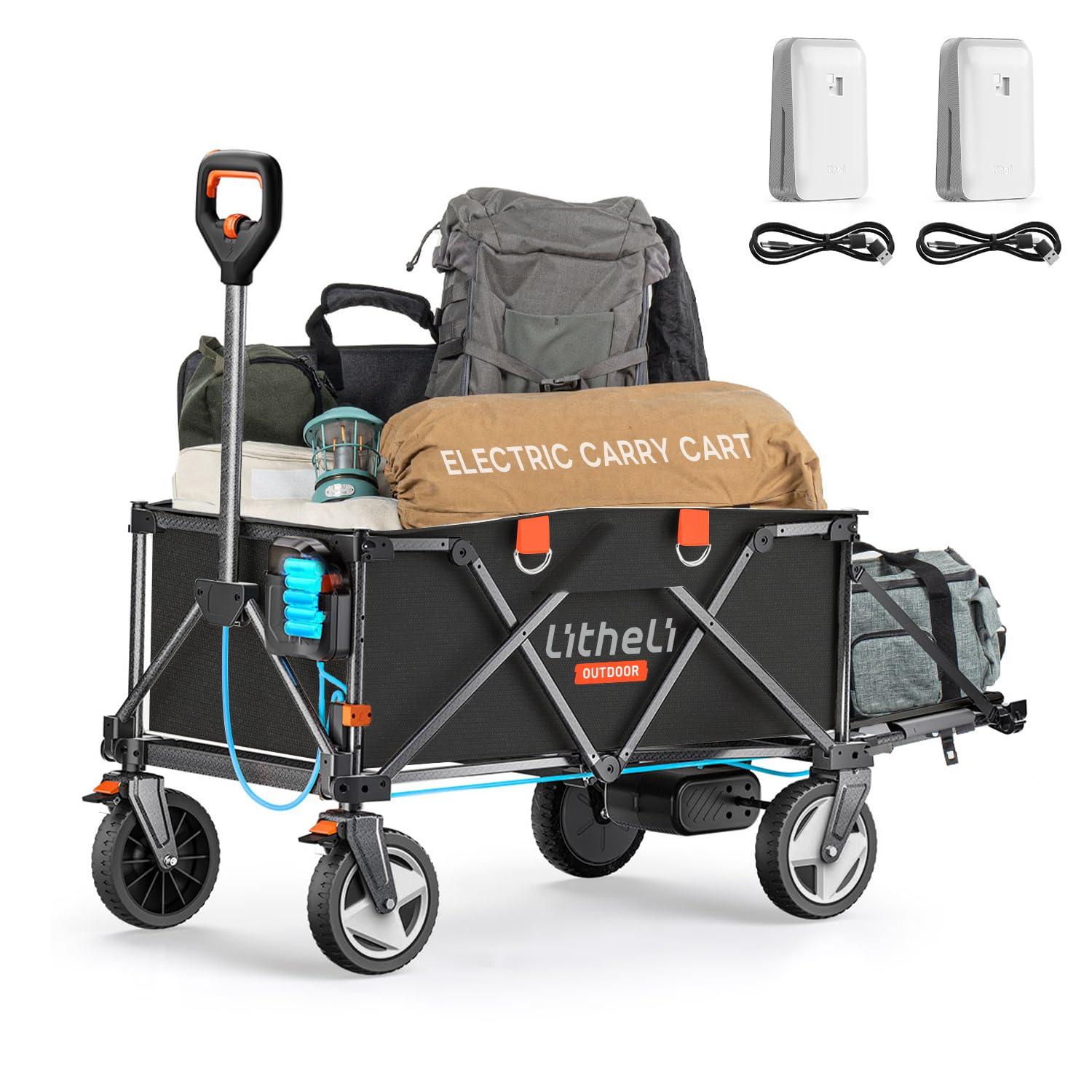 Litheli Electric Trolley, Folding Handcart, with Brakes, 200 L, 60 kg Load Capacity, Folding Handcart Suitable for Camping, Garden, Shopping (Black, 2 Batteries)