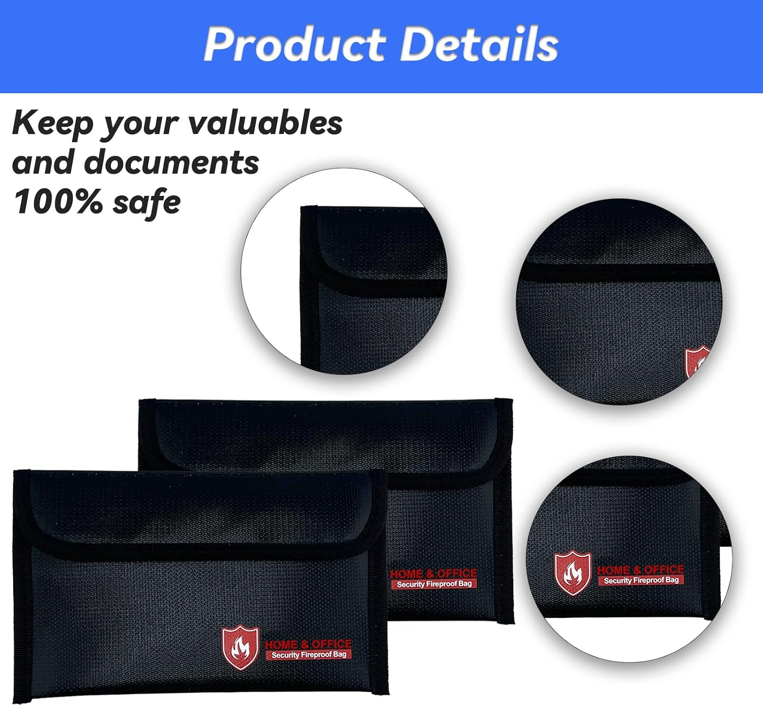 2 Pack Fireproof Money Bag (5x8''), Non-Itchy Waterproof Fireproof Bag with Zipper, Small Fire Proof Money Bag for Cash, Valuables, Passport, Currency & Keys