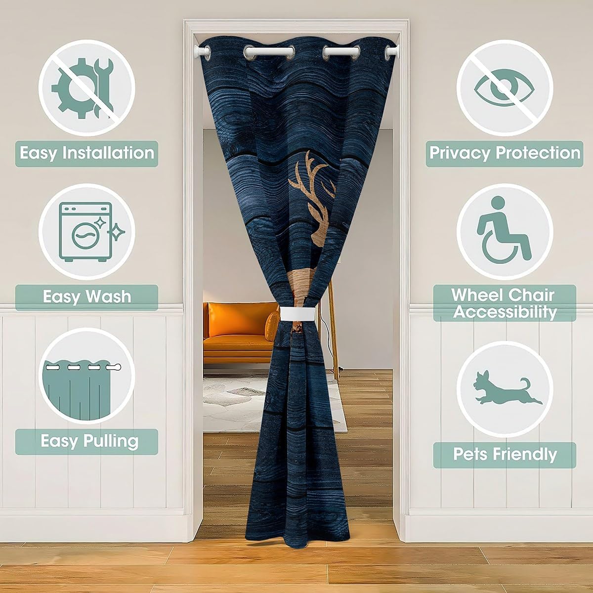 Castle Fairy Deer Silhouette Door Curtain,1 Panel 52" W X 80" L,Lodge Cabin Animal Wild Birds Door Drape for Bedroom Privacy,30%-50% Room Darkening Blackout Curtain for Bedroom