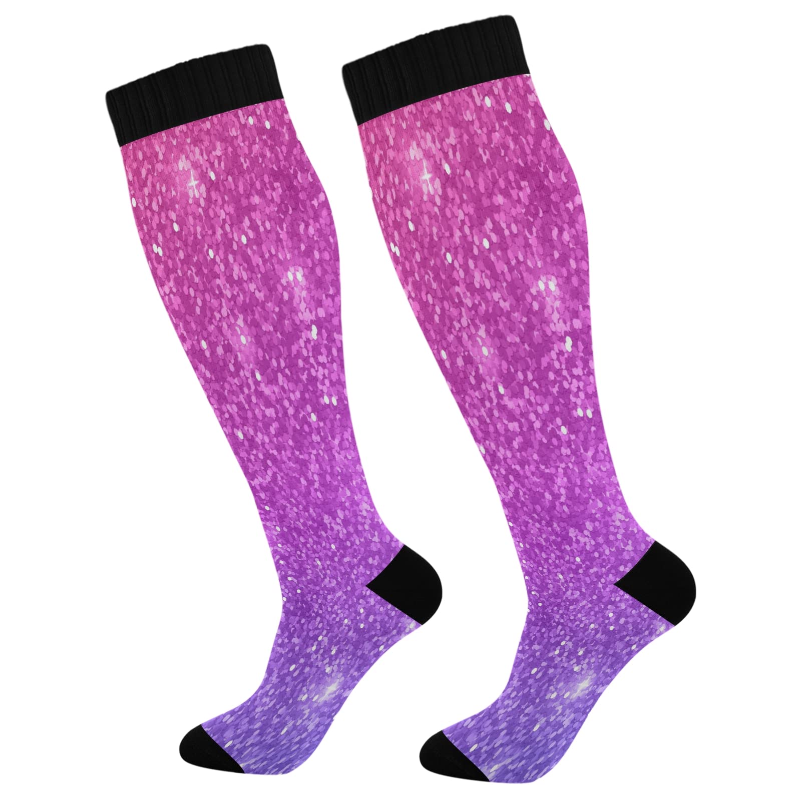 KLL Christmas Compression Socks for Men and Women Golden Glitter In Shiny Red Knee High Socks