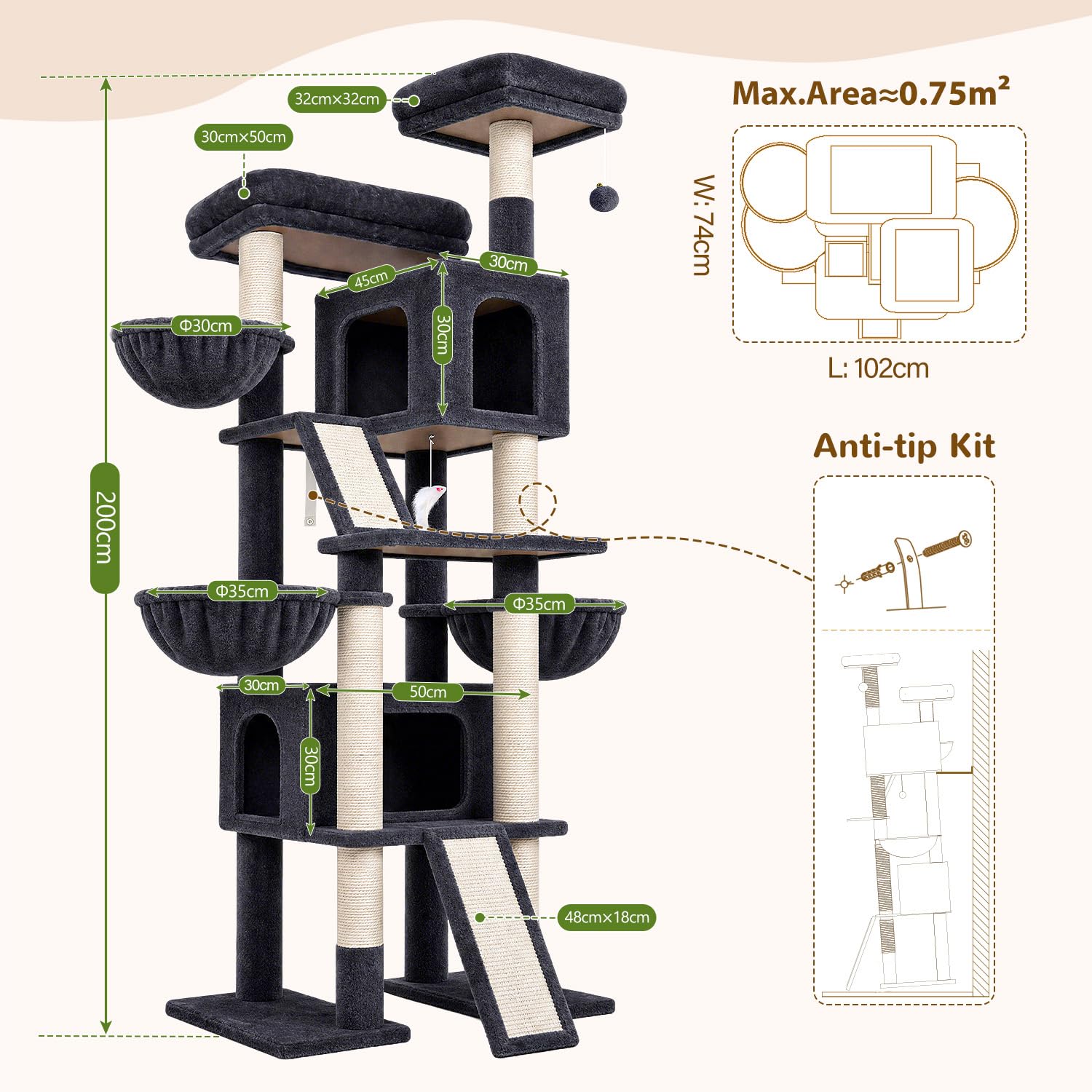 Globlazer Árbol Rascador XXL para 3-4 Grande Gatos 200 cm con 2 Inmenso Nidos, Plataformas 50*30*30CM, 3 Cesta, 2 Rascar Sisal, Estable Torre Gato para Vario Gatos Adultos Interior (F78, Gris Oscuro)