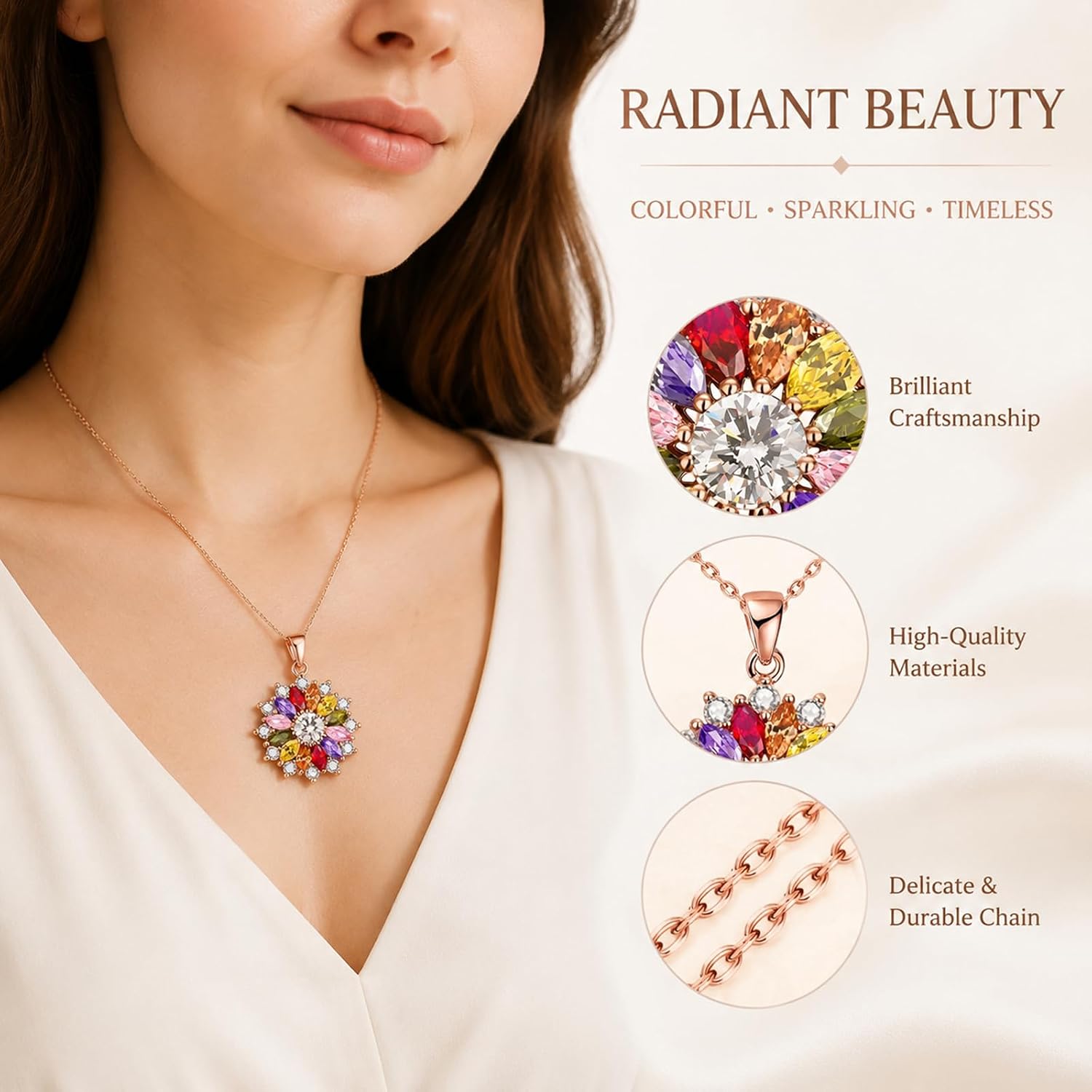 VONSSY Colorful Snowflake Pendant Necklace Earrings Rose Gold 5A Cubic Zirconia | Crystal Sweater Chain | Multi Gemstone Garnet Amethyst Morganite Peridot Prom Rhinestone Necklaces for Women Vintage Stylish Gift