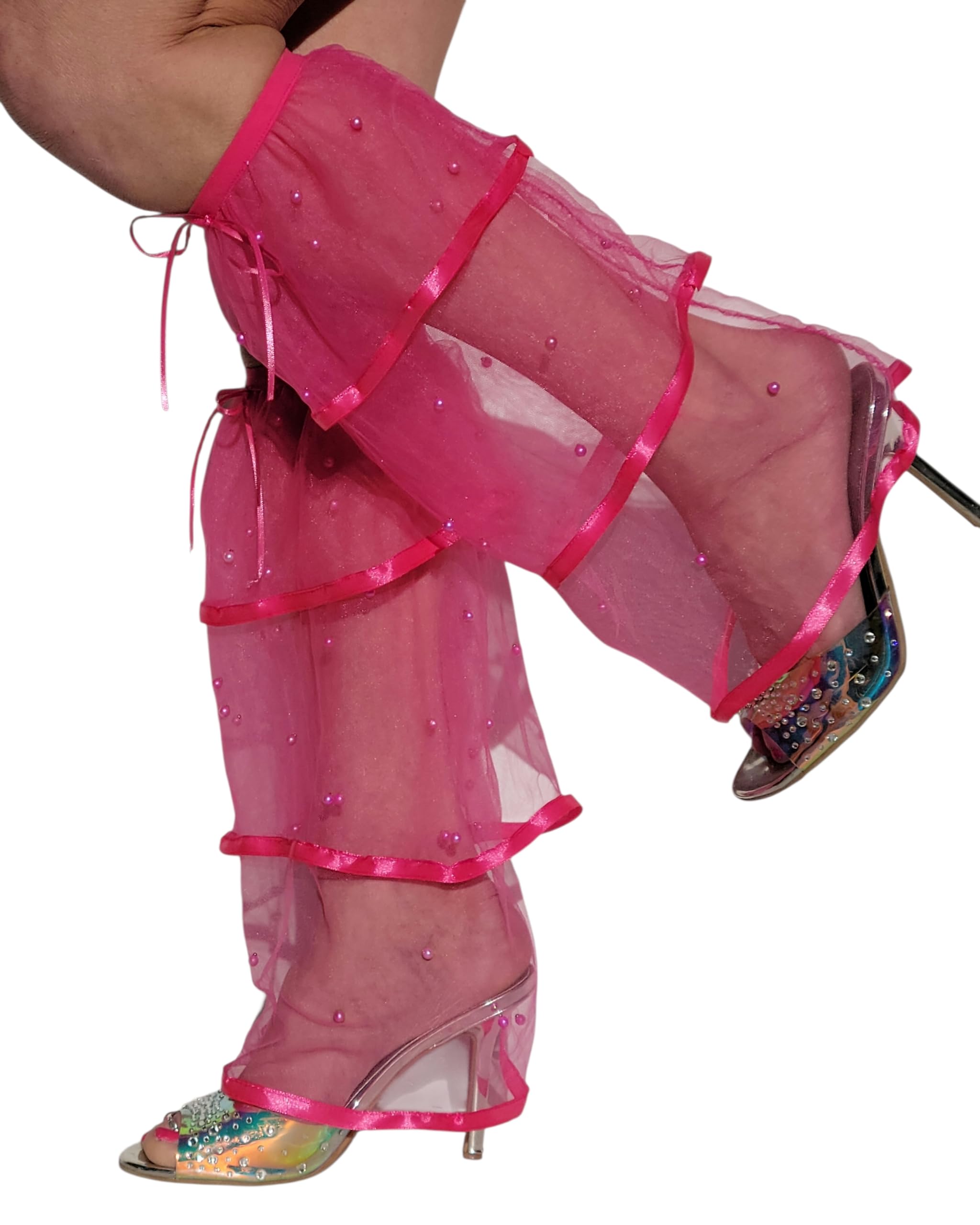 Sheer Pink Rave Leg Sleeves Boot Covers or Leg Warmers with Pearl Embellishments Tiered Ruffle Design