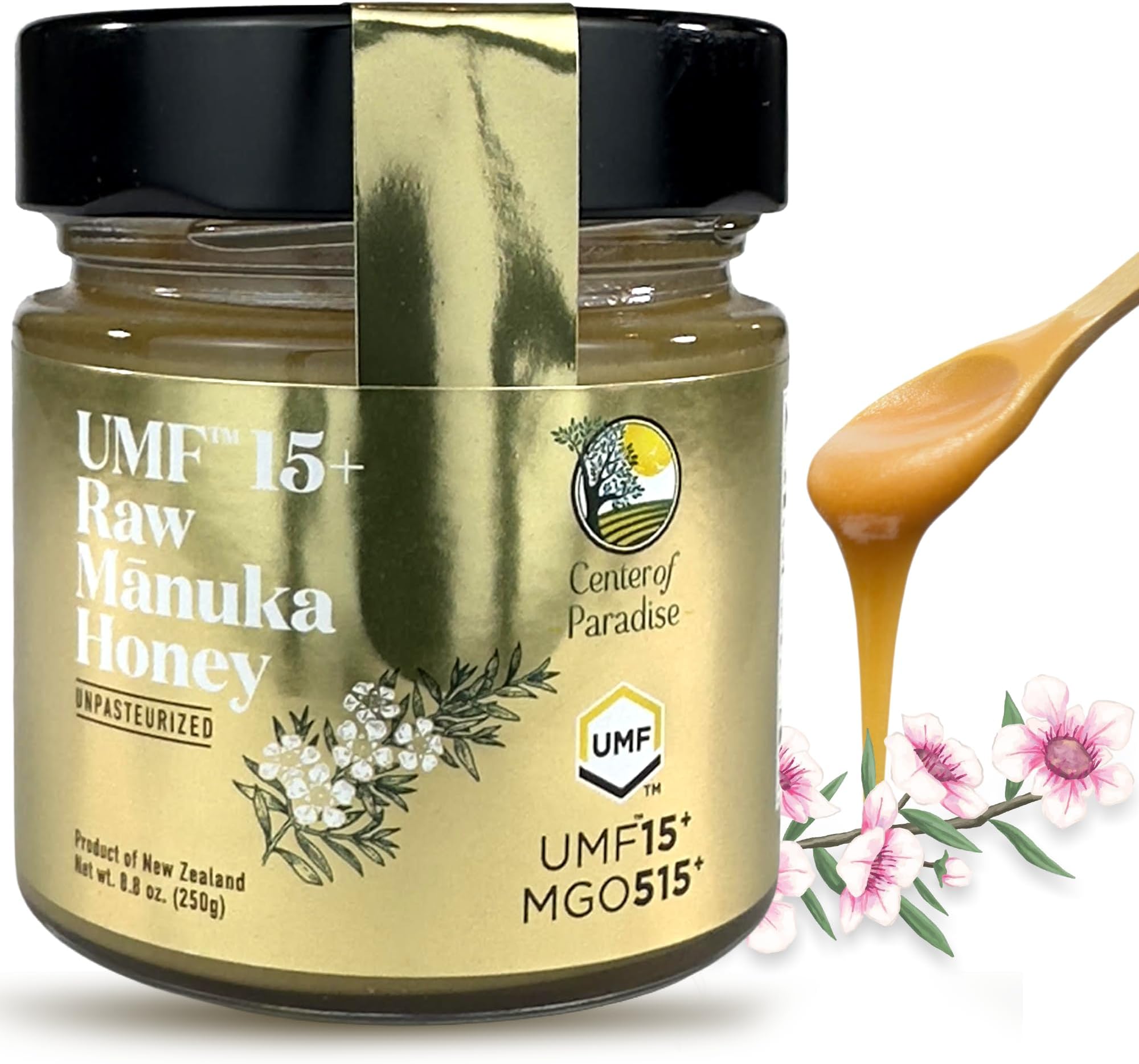 Center of Paradise Raw Manuka Honey Certified UMF 15+ | MGO 515+ (250g / 8.8oz) Glass Jar - Pure & Natural New Zealand Honey for Daily Immune Support and Wellness - Non GMO & Unpasteurized