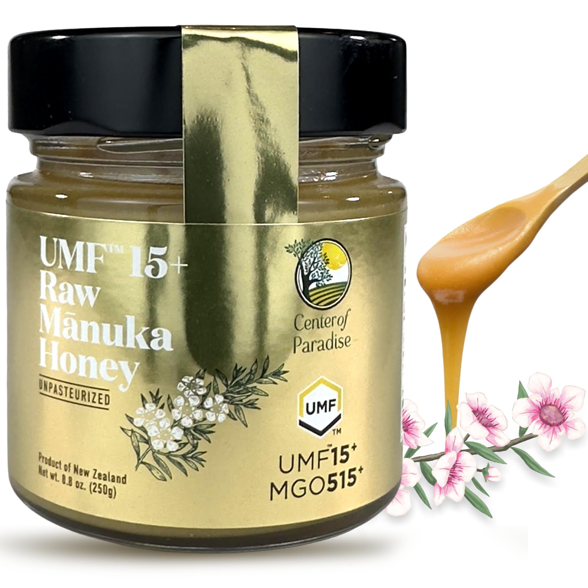 Center of Paradise Raw Manuka Honey Certified UMF 15+ | MGO 515+ (250g / 8.8oz) Glass Jar - Pure & Natural Manuka Honey New Zealand for Daily Immune Support and Wellness - Non GMO & Unpasteurized