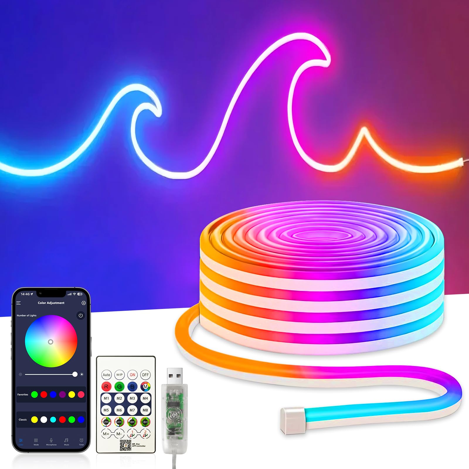 ezmyma Neon LED Streifen 5M, 5v USB RGBIC Neon LED Strip,Flexibel Led Strips Control via App/Fernbedienung,Wasserdicht,Flexibel,Music Sync,Schlafzimmer,Küche,Wohnzimmer,Party