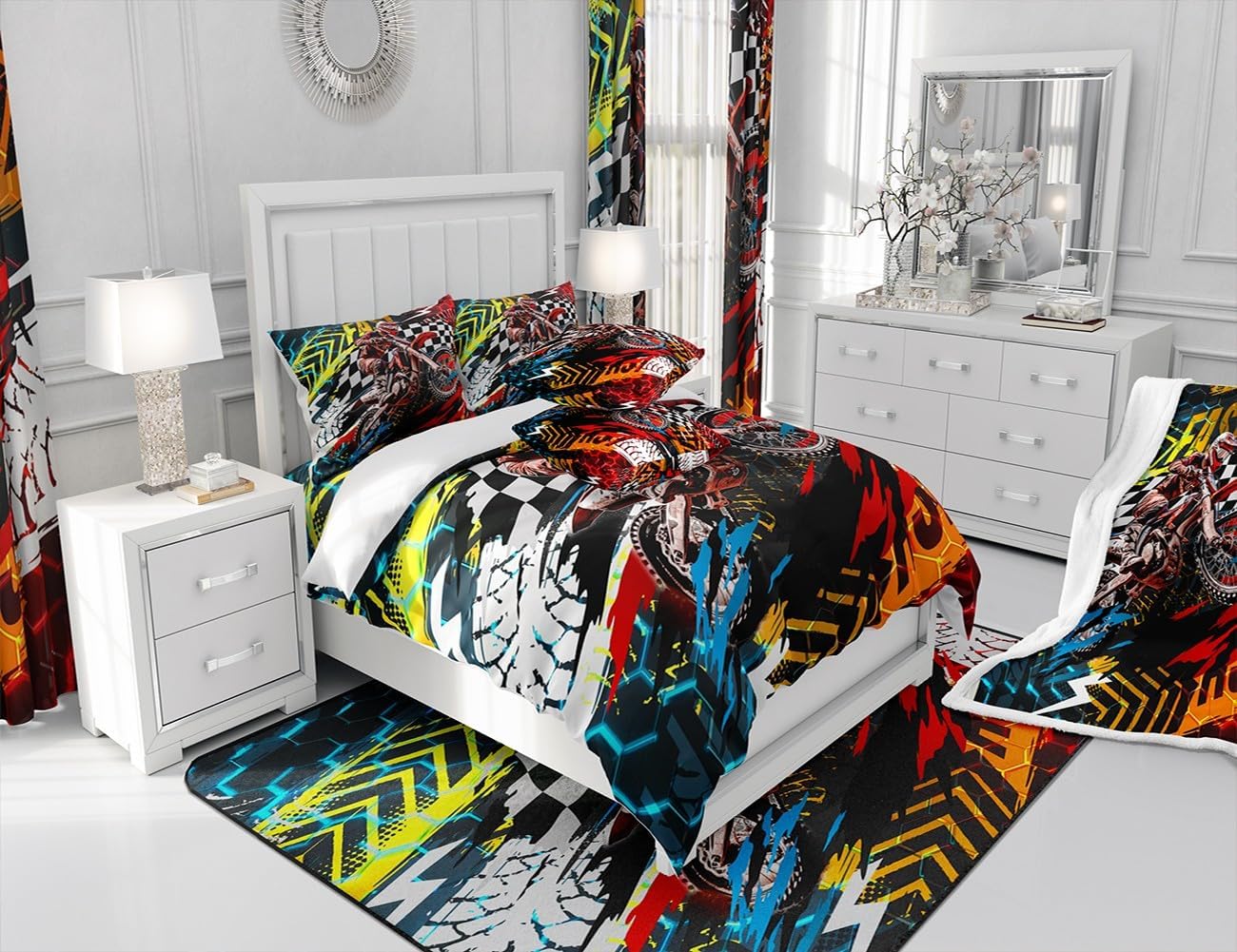 Motocross Rider Bedding Set Full Size Kids Dirt Bike Comforter Cover Set for Boys Girls Teens Extreme Sports Motorbike Duvet Cover Cool Hexagonal Motorcycle Bedspread Cover Room Decor Quilt Cover Multi 13 Full image 6 of 6 B0CNPW4L93