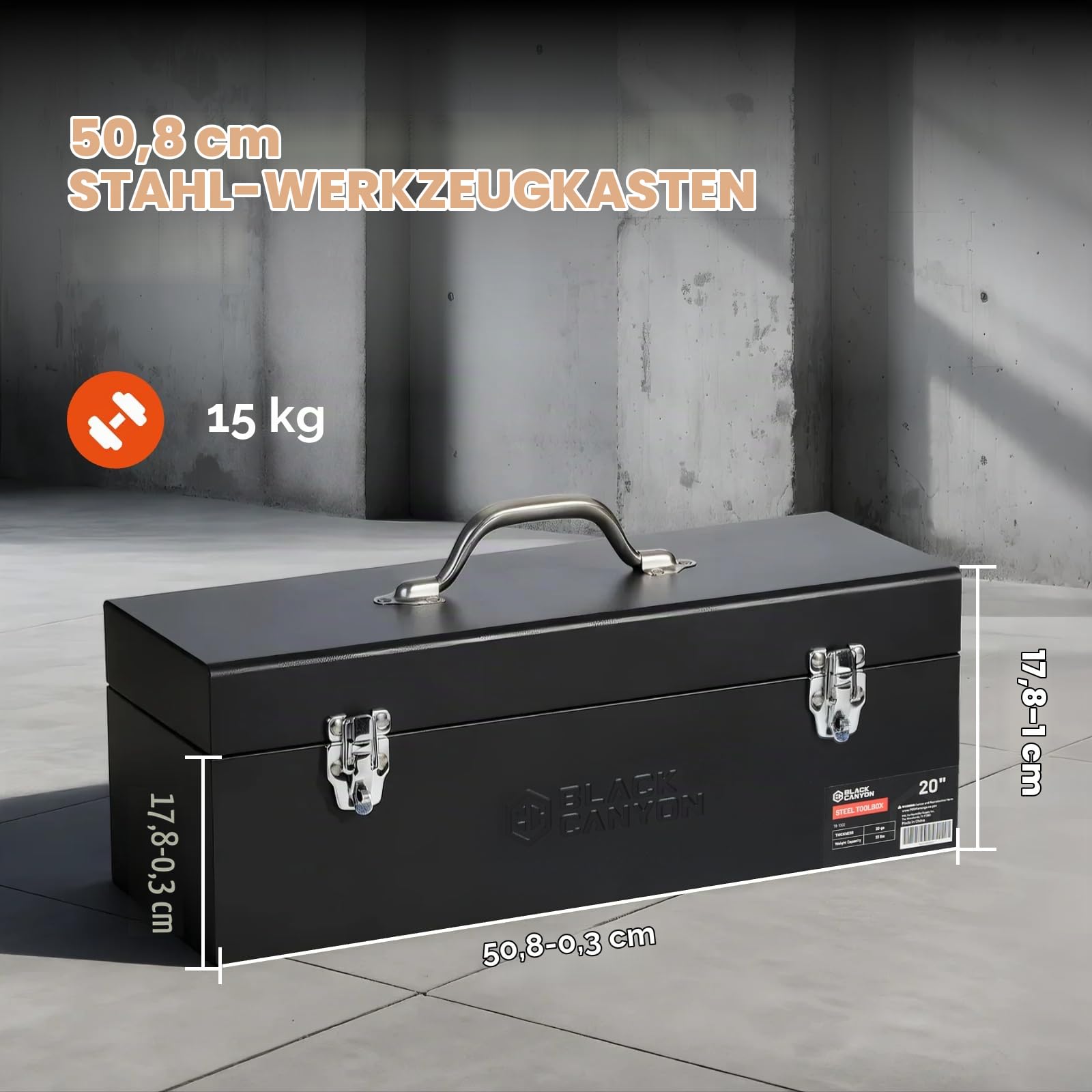 Industrieller Stahl Werkzeugkoffer leer, 51 cm | Robuster Carbon-Stahl Werkzeugkoffer mit verriegelbarem Verschluss & herausnehmbarer Ablage | Für Werkstatt, Baustelle, Lkw & Garage – schwarz