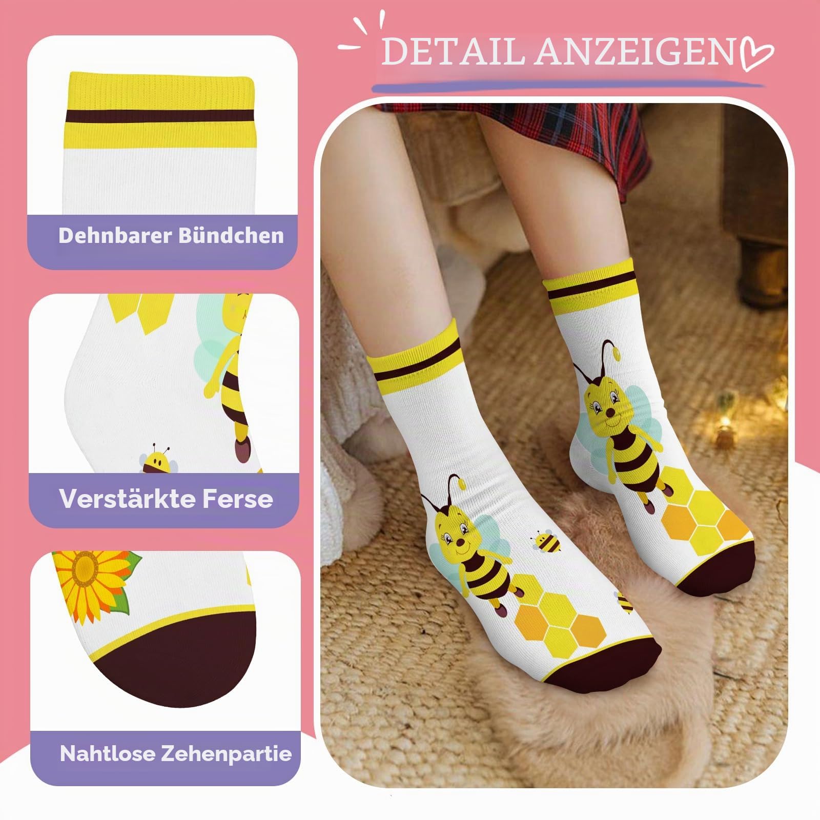 Schulkind Sneaker Socken Mädchen Kinder Biene Lustige Bunte Muster Neuheit Niedlich 6 Paar Geschenke 3-14 Jahre Größe 25-38 Atmungsaktiv Weich