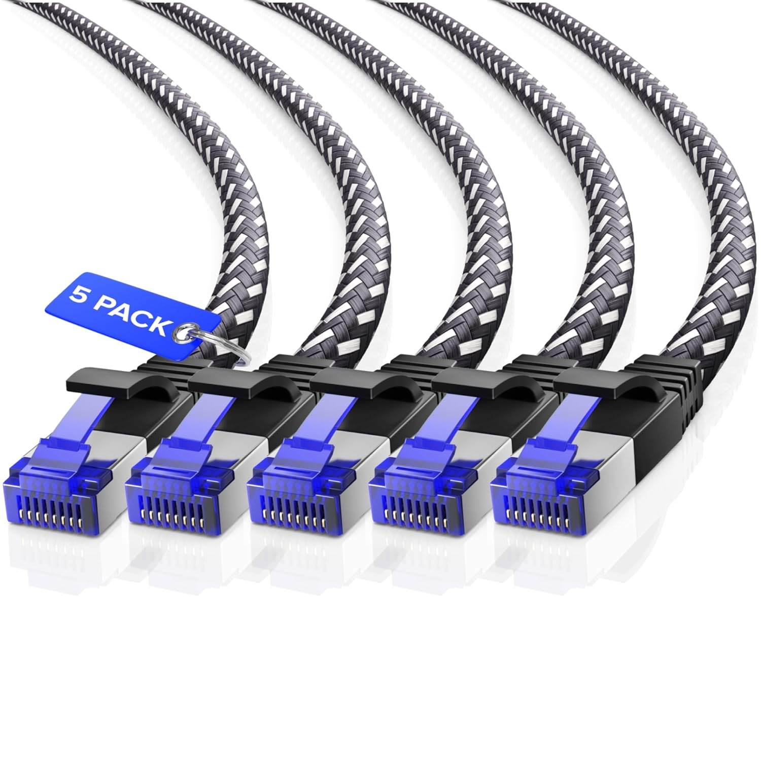 Cat7 Ethernet Cable 25ft, 5-Pack (Black) - Braided High-Speed Network LAN Cables for Gaming, Streaming, Router, Modem, PC, PS5, Xbox - Durable & Tangle-Free Design, 5-Pack