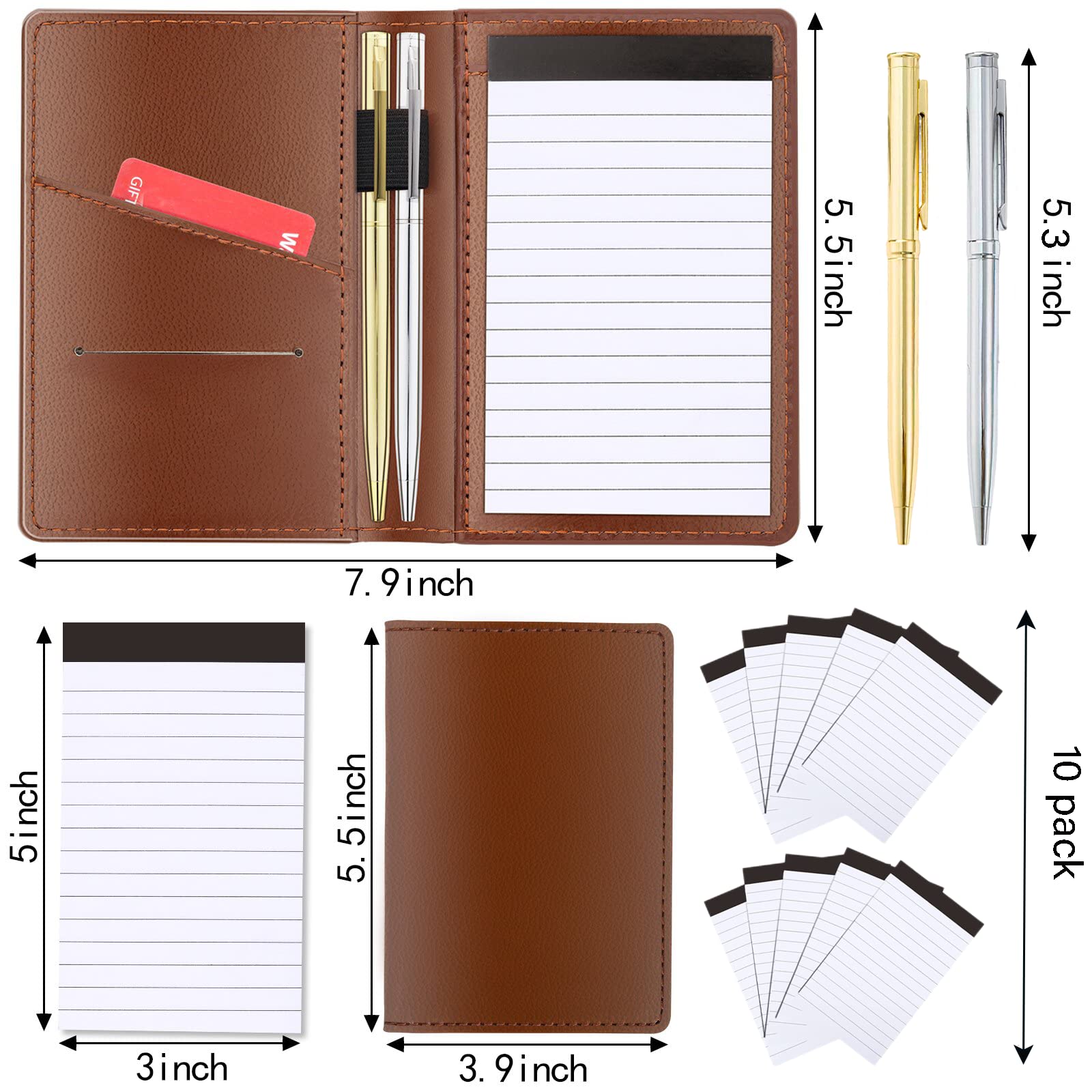 13-teiliges Mini-Taschennotizblock-Set, inklusive Leder-Notizblockhalter, 10 Stück, 7,6 x 12,7 cm, kleine Notizblöcke mit 30 linierten Papieren, Kratzblöcken, Notizblöcken, 2 Metall-Kugelschreiber