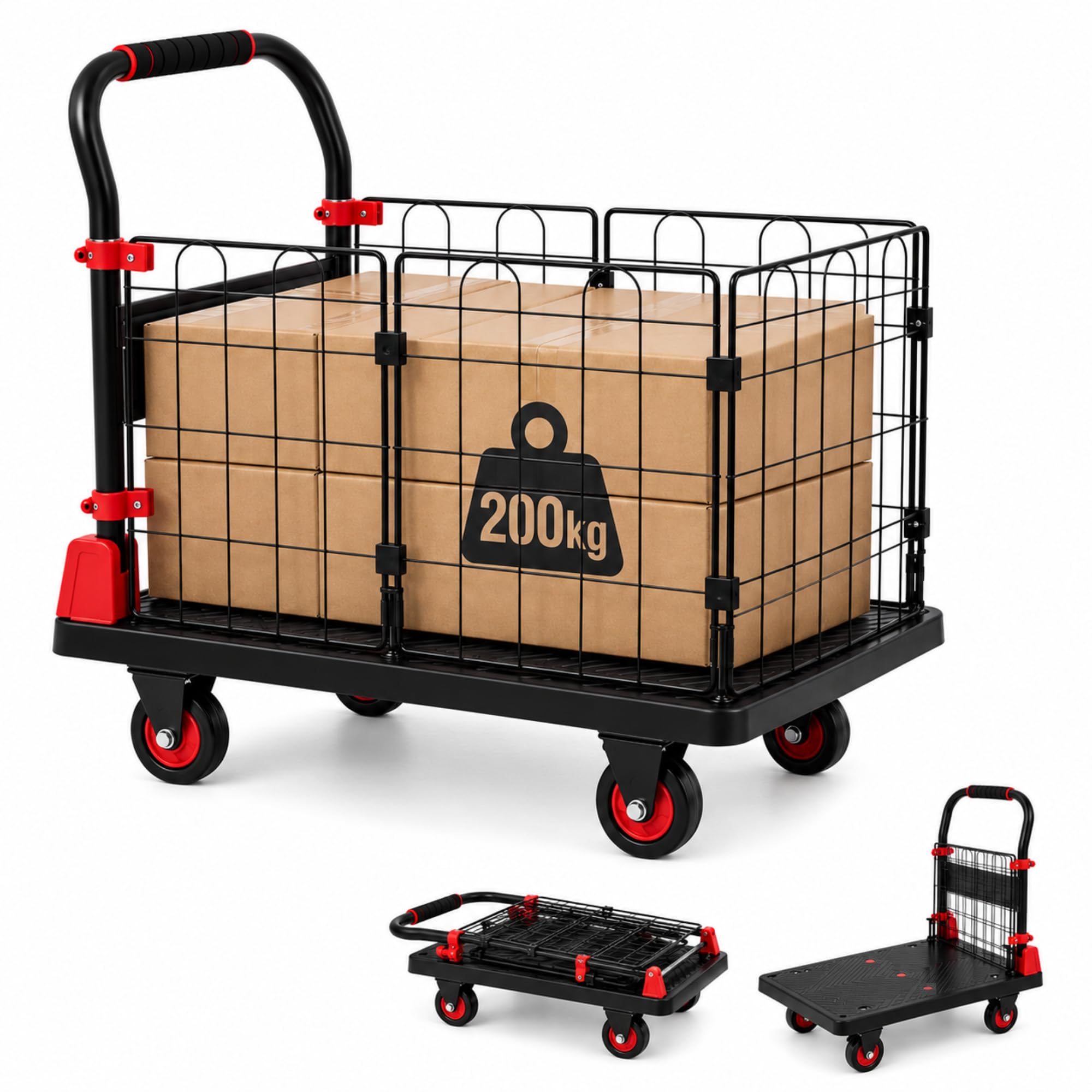 Carro Plataforma Plegable, Jaula Metálica, Soporta 200 kg, 4 Ruedas 360° | Plataforma de 66 × 48 cm, Asa Acolchada y Cuerdas de Sujeción