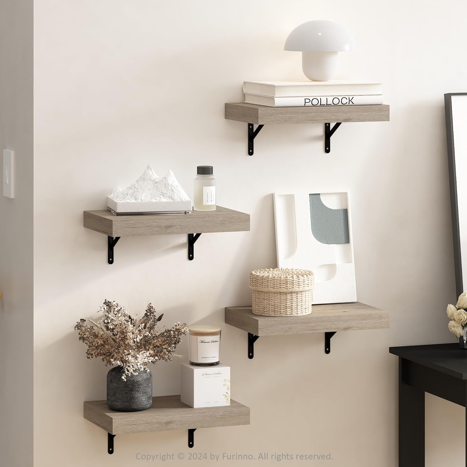 Furinno Tanna Floating Shelves for Wall Set of 4, 15-Inch Wall Shelf, Triple Thick Floating Mounted Shelf, for Bathroom, Home Office, Living Room, Natural