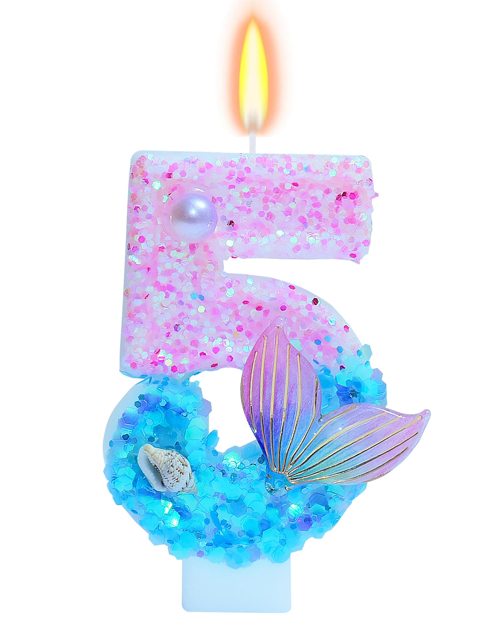 Mermaid Themed Birthday Candles, Number 5 Girls Glitter Birthday Party Supplies,Anniversary Party Decor,2.87 inch Cake Topper Decorations (Mermaid