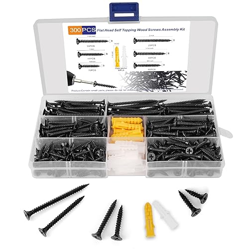 Kit surtido de tornillos de madera negra #6, 300 piezas, cabeza Phillips rápida y plana autorroscantes pequeños tornillos para madera, longitud de
