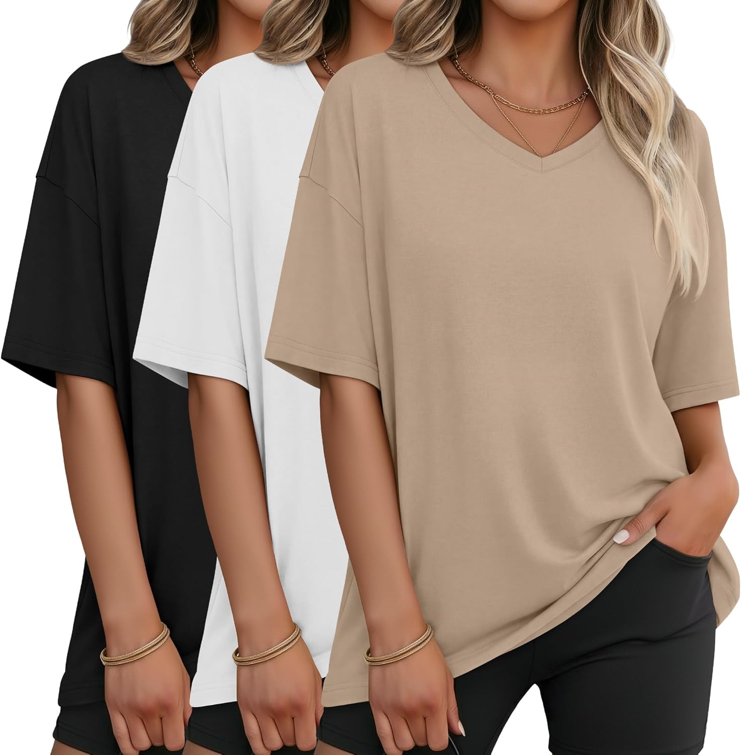3 Pack Women's Oversized Shirts V Neck Half Sleeve Tops Workout Casual Basic Loose Sweatshirts Gym Clothes