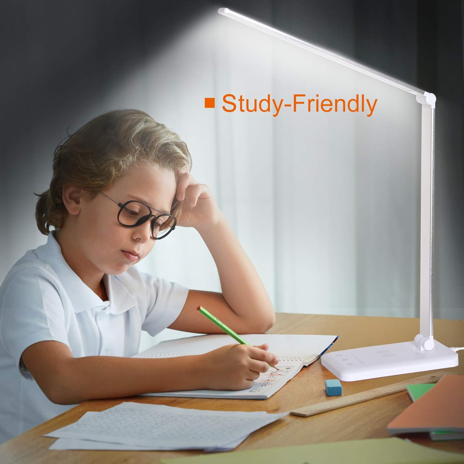 LED Desk Lamp with Wireless Charger,Eye-Caring Table Lamps,Stepless Dimmable Office Lamp with USB Charging Port,Touch/Memory/Timer Function,25 Brightness Lighting,Foldable Lamp