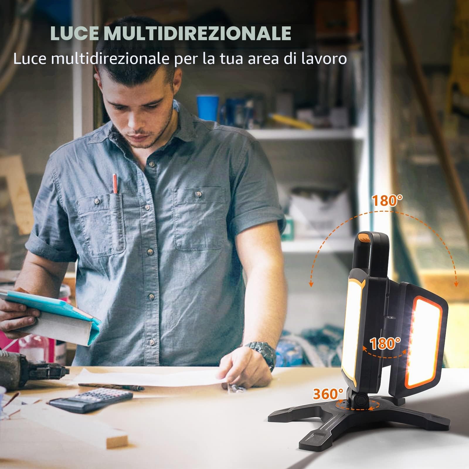 SYLSTAR Faro LED Ricaricabile da 30W, 3000LM Faretto a Batteria Super Luminoso Portatile con Magnete, 5 Modalità e Funzione Power Bank per Pesca, Garage, Officina, Campeggio e Emergenza, Impermeabile