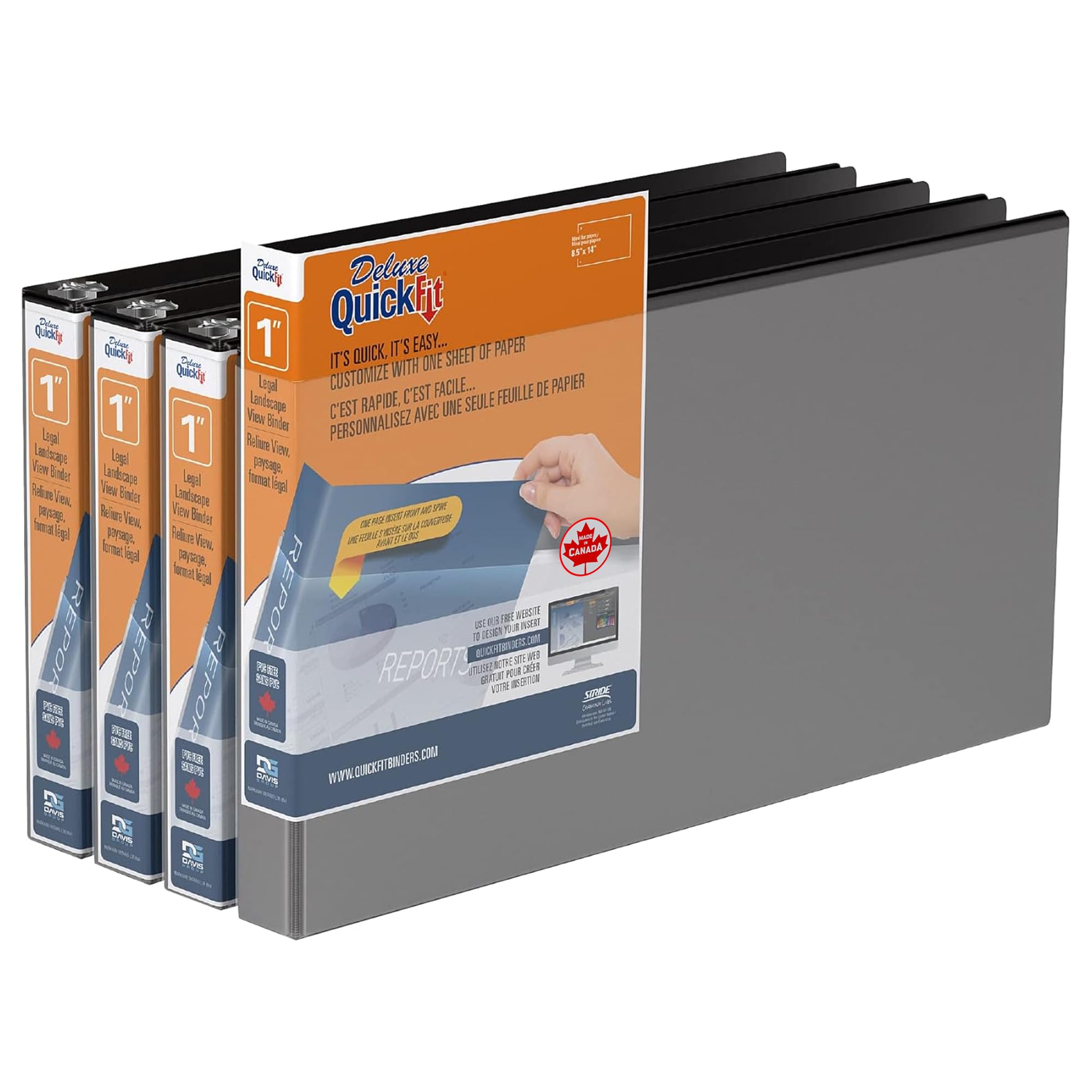 QuickFit Heavy-Duty 8.5" x 14" Landscape Legal Binder, 3-Ring Binder, Round Ring, Black, 4 Pack, 1 Inch