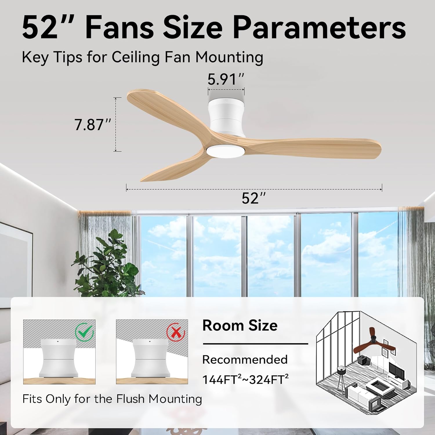 52” Wood Smart Flush Mount Ceiling Fans with Lights and Remote,Quiet DC Motor,Outdoor Indoor Ultra Low Profile Ceiling Fan works with Alexa WIFI APP,Modern White Ceiling Fan for Bedroom Patio