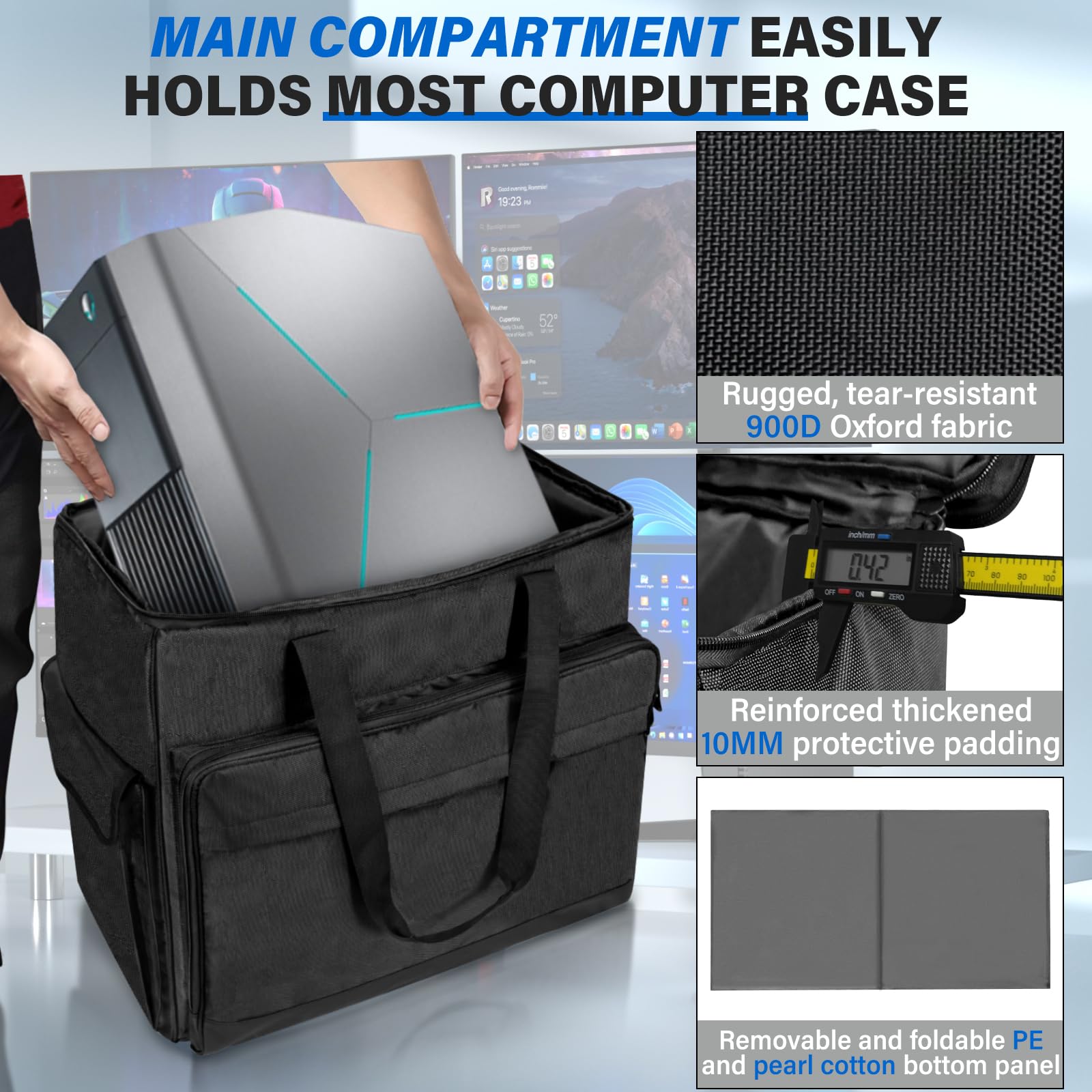 SUNDOY Custodia da viaggio per PC desktop, borsa a torre per computer con tracolla, impermeabile, custodia da viaggio per computer desktop, tastiera, mouse e accessori, Zaino da scrivania, Desktop