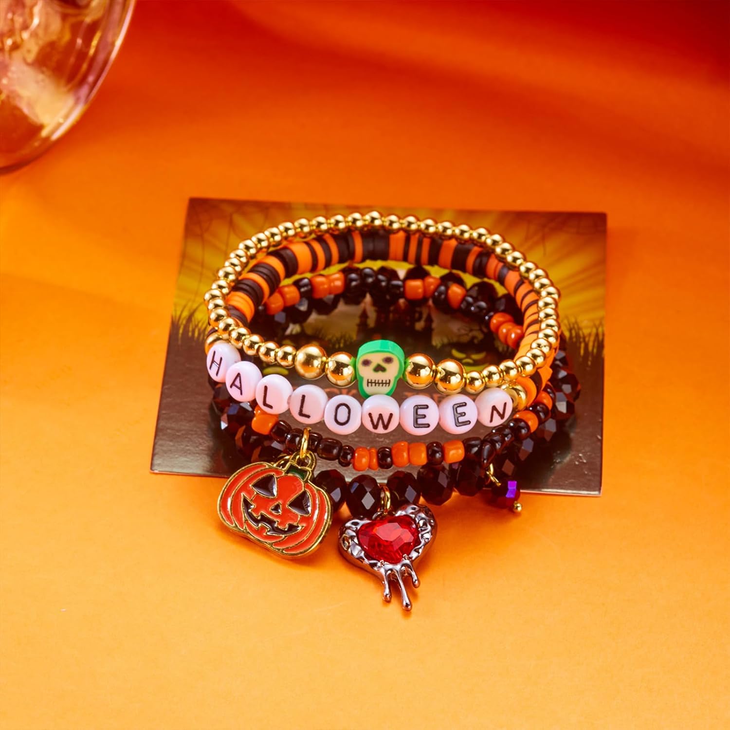 Halloween Charm Bracelets Pumpkin Ghost Bat Skull Stretch Stackable Bracelet Cute Spooky Halloween Costume Accessories - Image 4