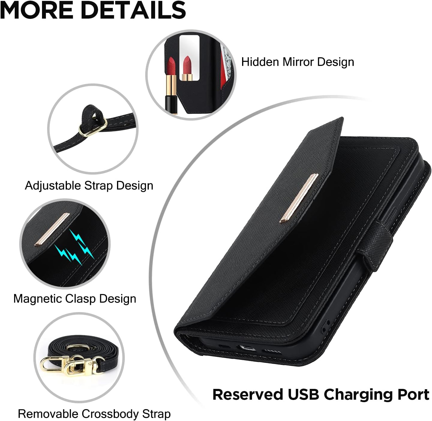 ANSHOW Leather Crossbody Purse Case for iPhone 15 Plus, with Adjustable Shoulder Strap, Magnetic Flip Folio Case, Built-in Kickstand, Black