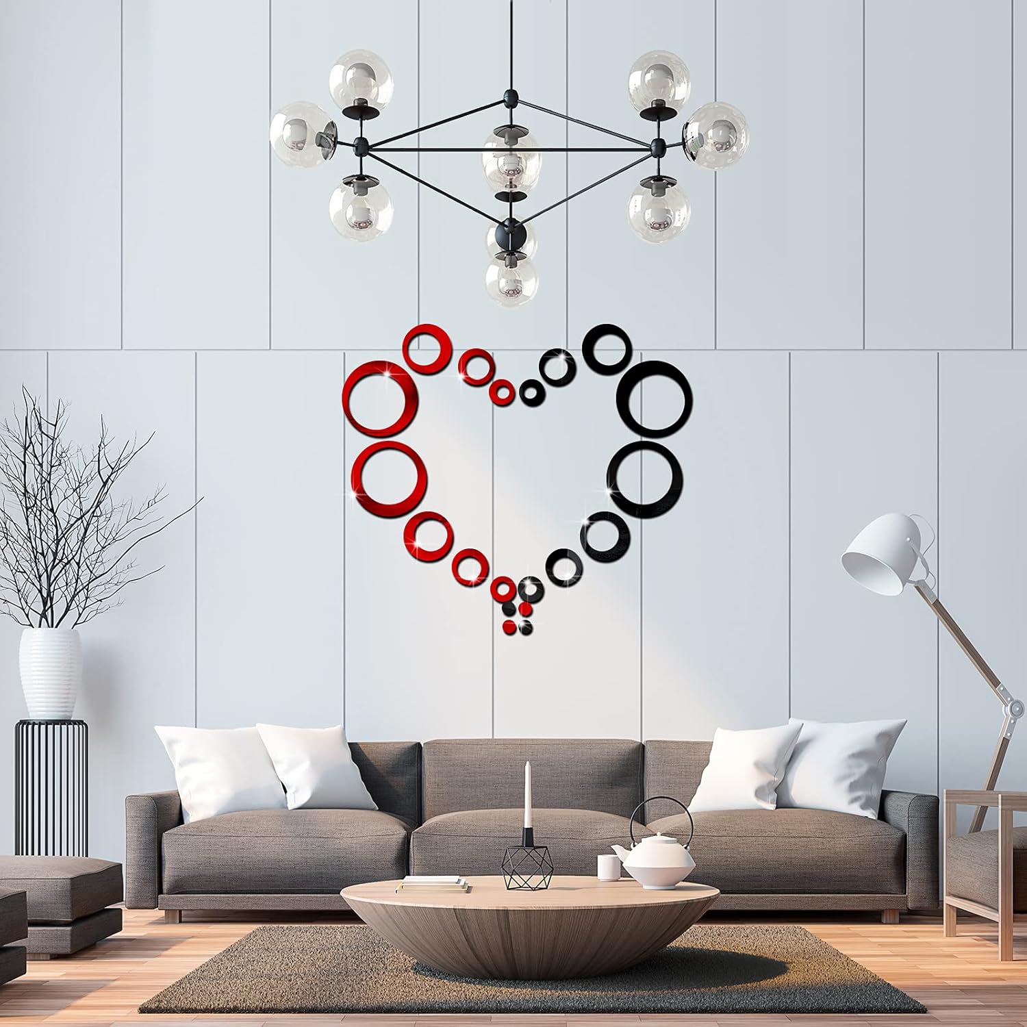 Outus 72 Piece Acrylic Circle Mirror Removable Round Dots Mirror Wall Decals Murals for Home Living Room Bedroom Decor (Red, Black)