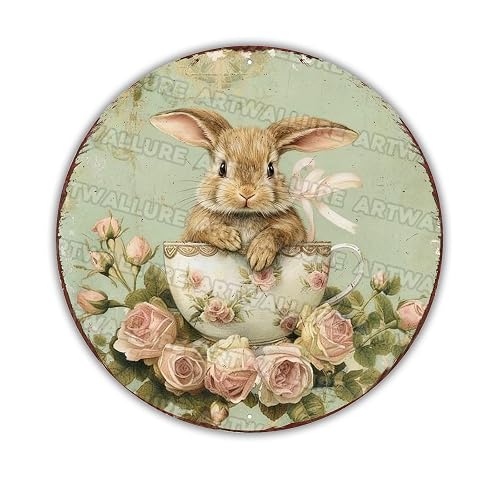 Vintage Rabbit Teacup Metal Sign Rustic Farmhouse Wall Art For