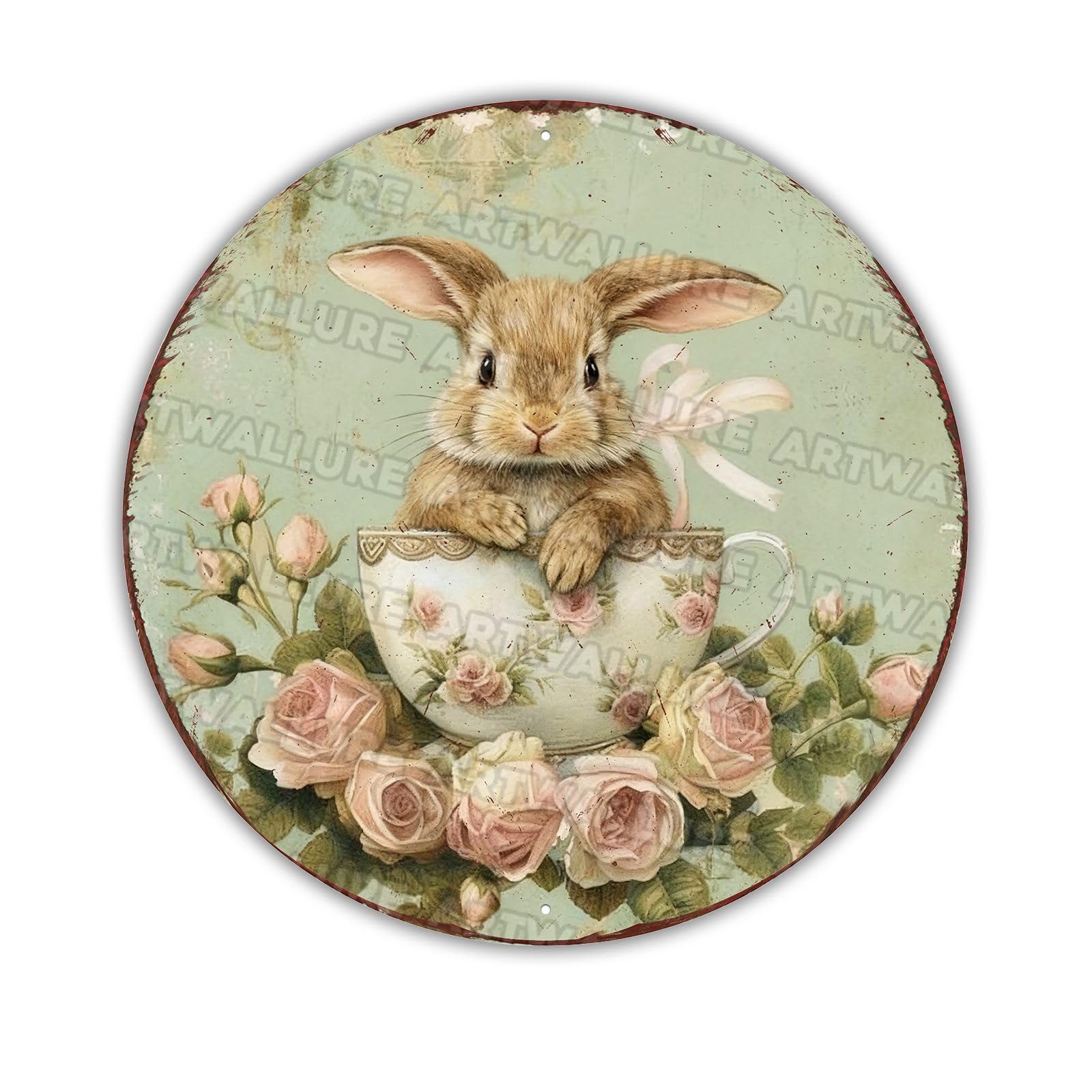 Vintage Rabbit Teacup Metal Sign Rustic Farmhouse Wall Art For Indoor Outdoor Home Cafe Garage Easter Spring Decor 8x8Inch