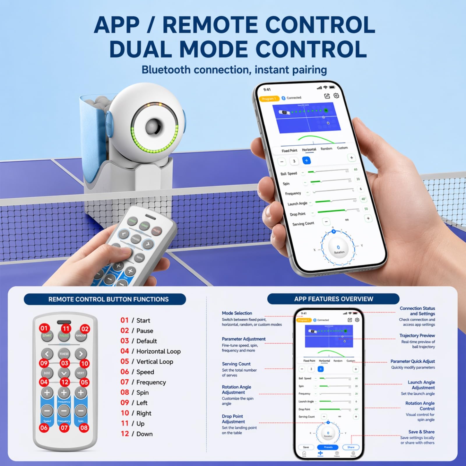 Robot da ping pong da tavolo, regolazione spin/velocità/punto atterraggio | Macchina da ping pong automatica, alimentazione a batteria, capacità 160 palline, controllo tramite telecomando/app