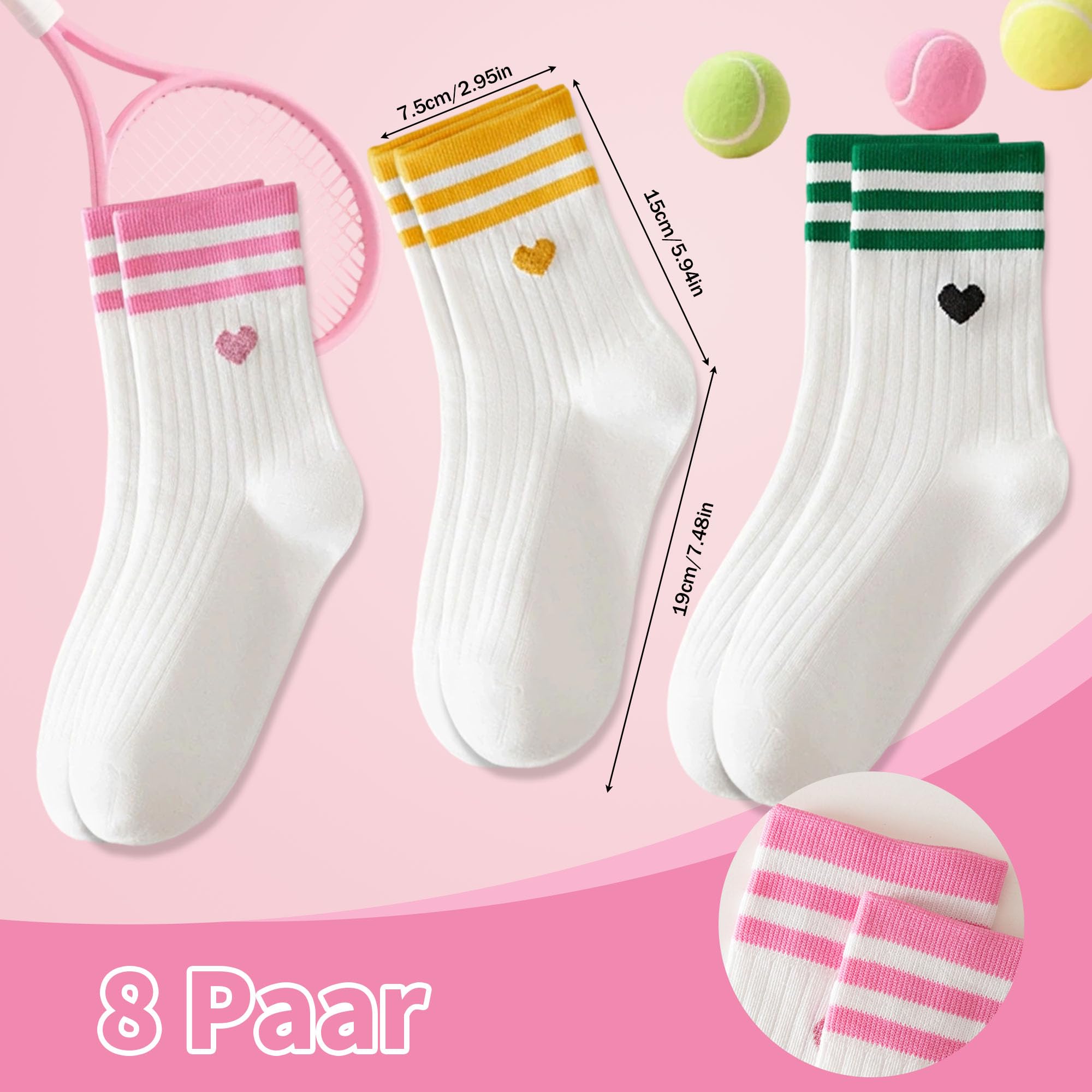 8 Paia Calzini Sportivi Donna 39-42 con Motivo Cuore, Calze Donna per Tutti i Giorni, Comodo Set Regalo di Calzini Donna