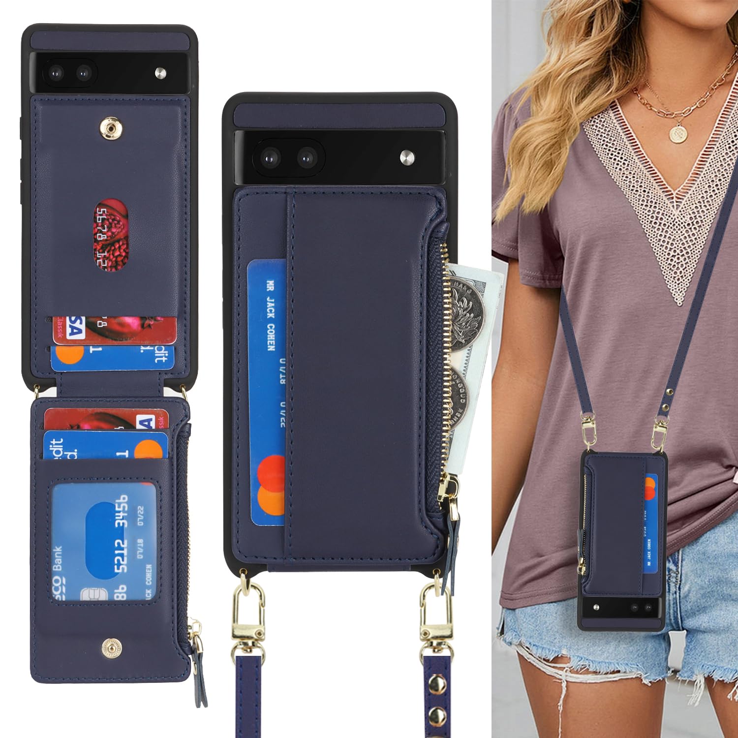 Custodia A Portafoglio Per Google Pixel 6a In Similpelle Blu: Tasche Per Carte E Contanti, Supporto Per Video E Chiusura Magnetica