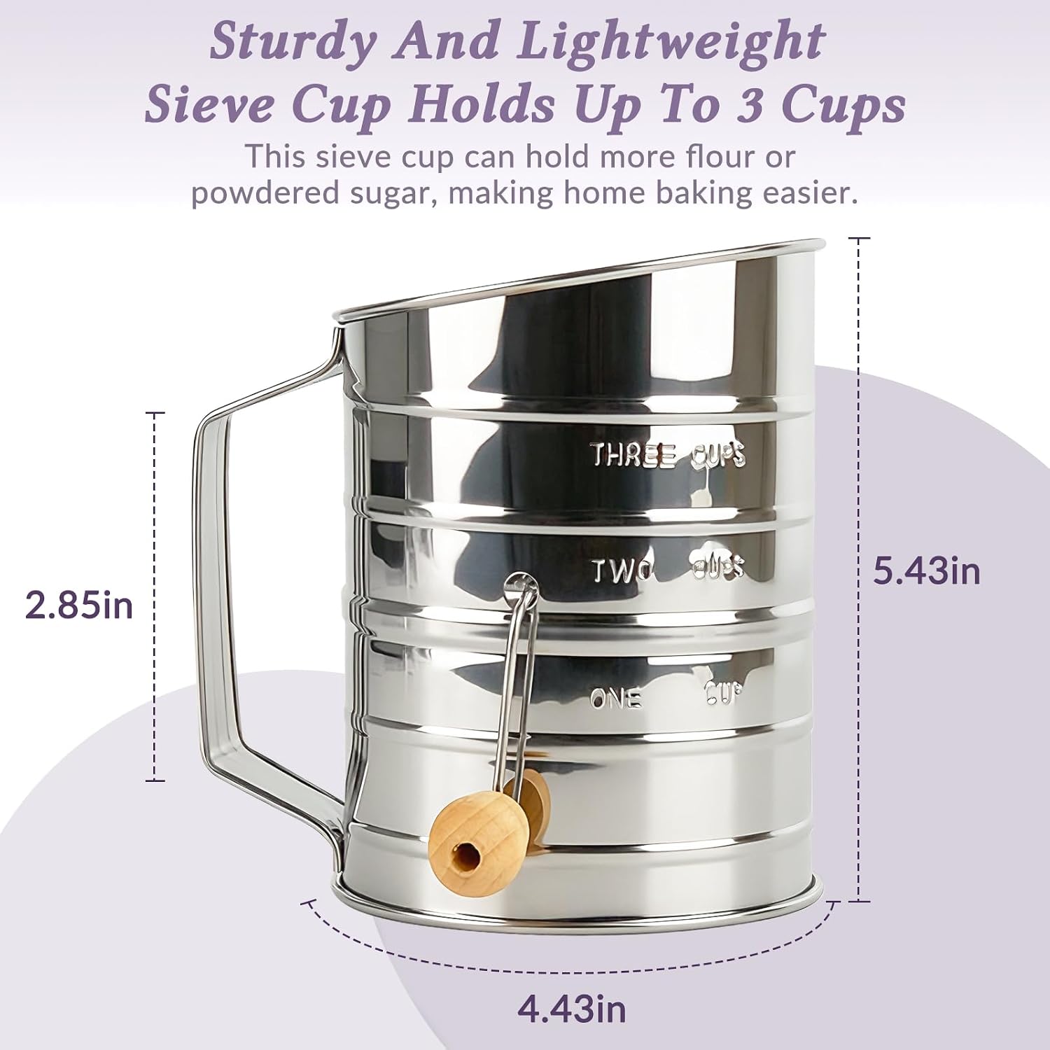 3-Cup Flour Sifter, Stainless Steel Rotary Sifter with Ring Stirrer for Quick Sieving, Ideal for Baking and Kitchen Use - Silver