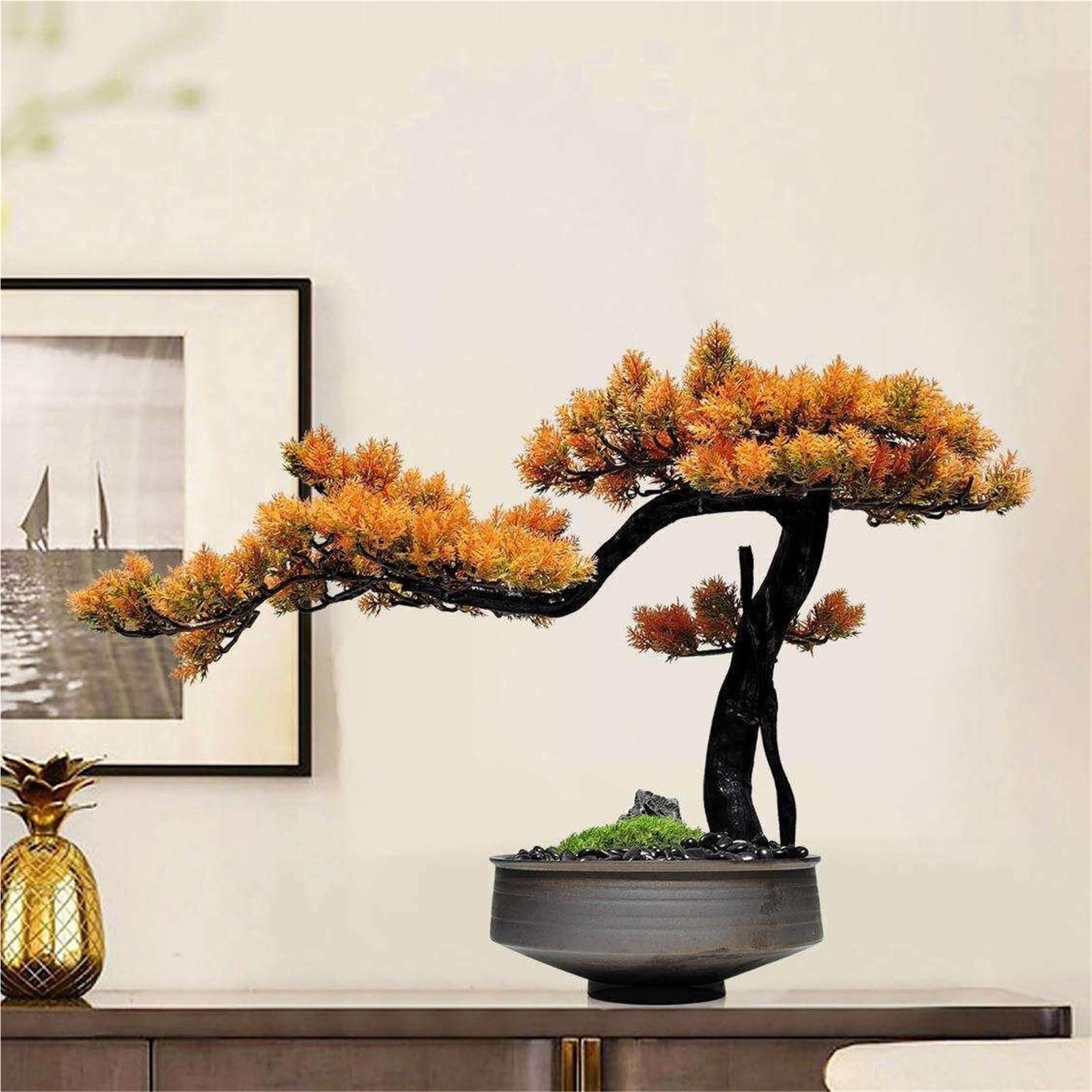 Albero Bonsai Artificiale Bonsai Artificiale in Stile Cinese con Vaso in Ceramica, Albero in Arancione for Soggiorno