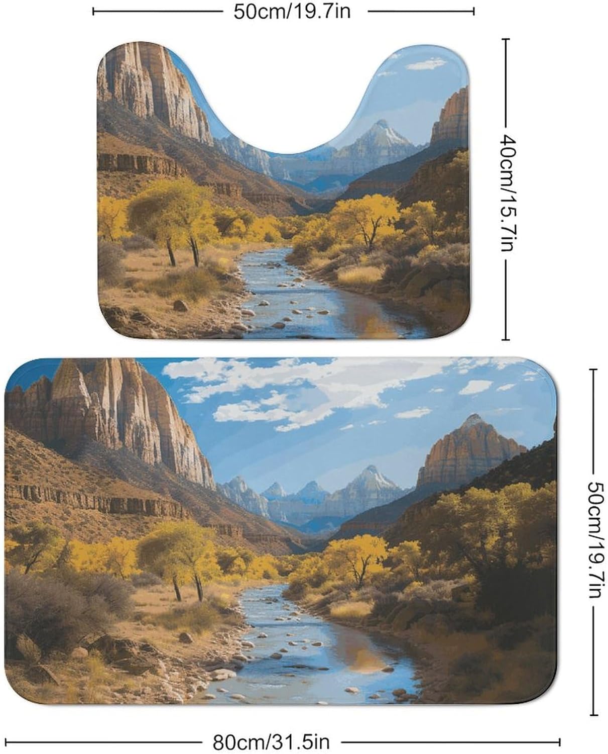 Bath Mat Set 2 Pieces Coral Velvet Bath Rug Non Slip Absorbent Microfiber Bathroom Rugs Quick Dry U-Shaped Toilet Rug Zion National Park Bathmat Washable Soft Carpet