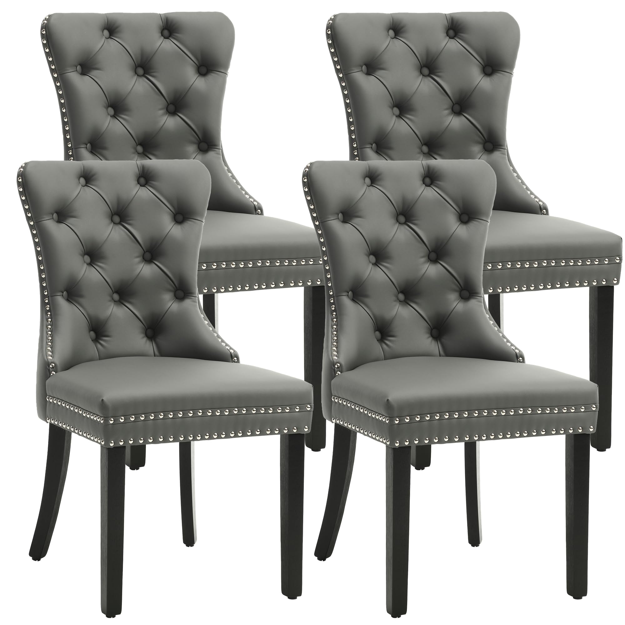 KCC Faux Leather Dining Chairs Set of 4, Upholstered High-end Tufted Dining Room Chair with Nailhead Back Ring Pull Trim Solid Wood Legs, Contemporary Nikki Collection Modern Style for Kitchen, Gray