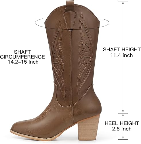 Miniatura 4 de SHIBEVER Botas vaqueras para mujer Medio Botas vaqueras negras de pantorrilla ancha con bordado occidental de tacón alto con punta redonda