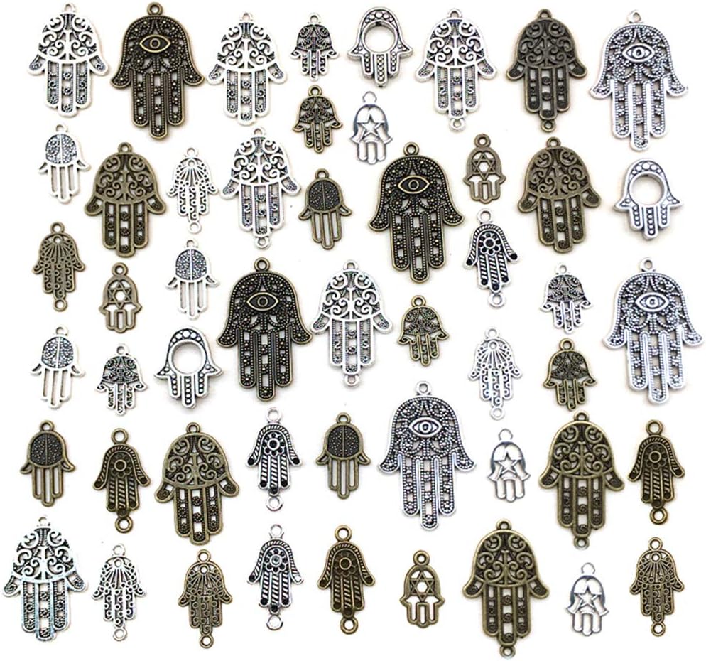 Assorted Hamsa Hand of Fatima Charm Pendant Connector for DIY Jewelry Making Accessaries(50pcs,Antique Silver&bronze Tones)