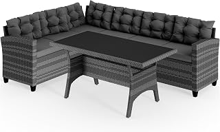 CASARIA® Polyrattan Ecklounge Set WPC Esstisch Ecksofa inkl. 7 cm Sitzauflagen 15 cm Kissen Wetterfest Outdoor Lounge Garten Terrasse Balkon Möbel Grau